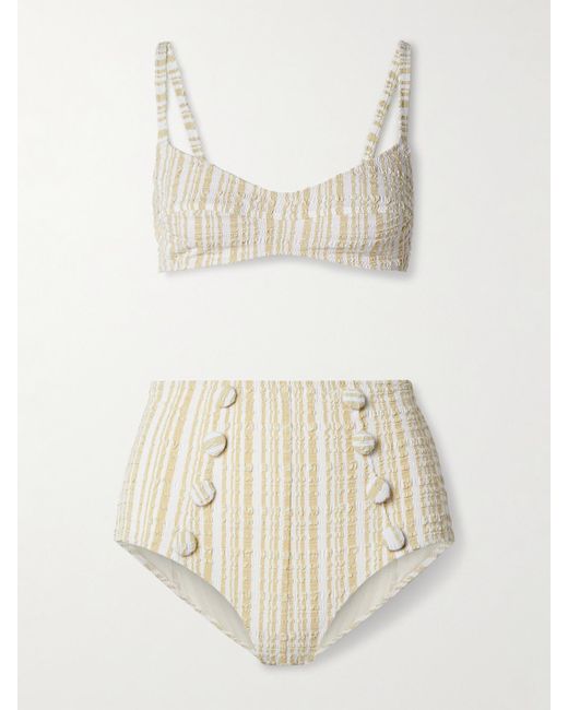Lisa Marie Fernandez White Button-Embellished Striped Seersucker Bikini