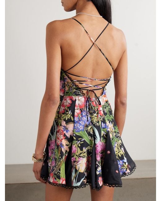 Charo Ruiz White Marlene Lace-Up Floral-Print Cotton-Blend Voile Mini Dress