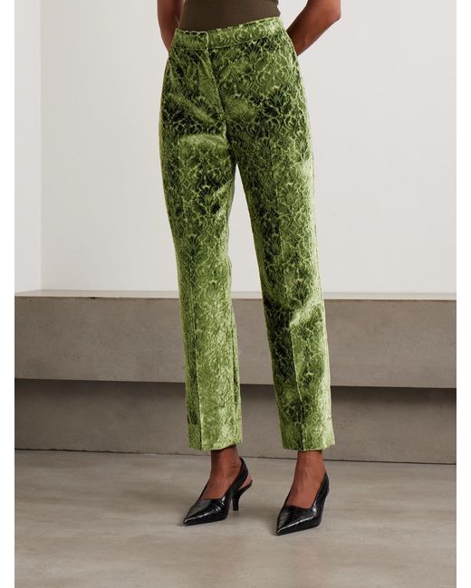 Burberry Green Velvet-Jacquard Straight-Leg Pants