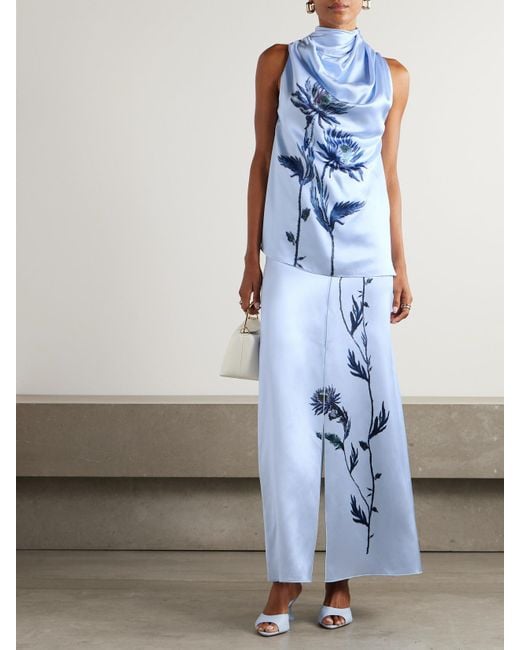 Altuzarra Blue Sleary Draped Floral-Print Silk-Satin Top