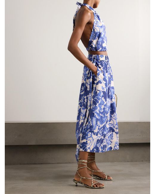 Cara Cara Blue Seattle Gathered Floral-Print Cotton-Poplin Halterneck Top
