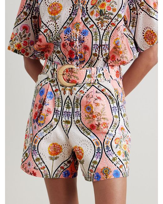 Borgo De Nor White Gwen Belted Printed Broderie Anglaise Cotton Shorts