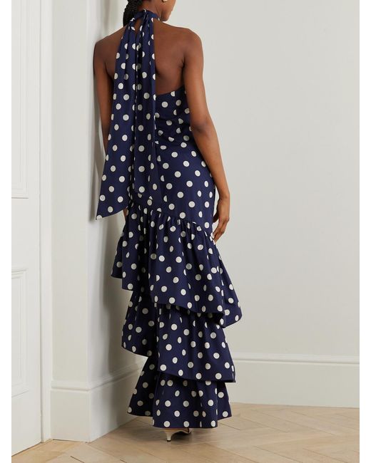 Cara Cara Blue Perla Ruffled Polka-Dot Cotton-Poplin Halterneck Maxi Dress