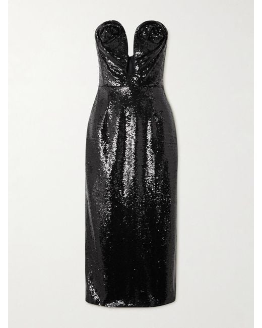 Carolina Herrera Black Strapless Sequined Tulle Midi Dress
