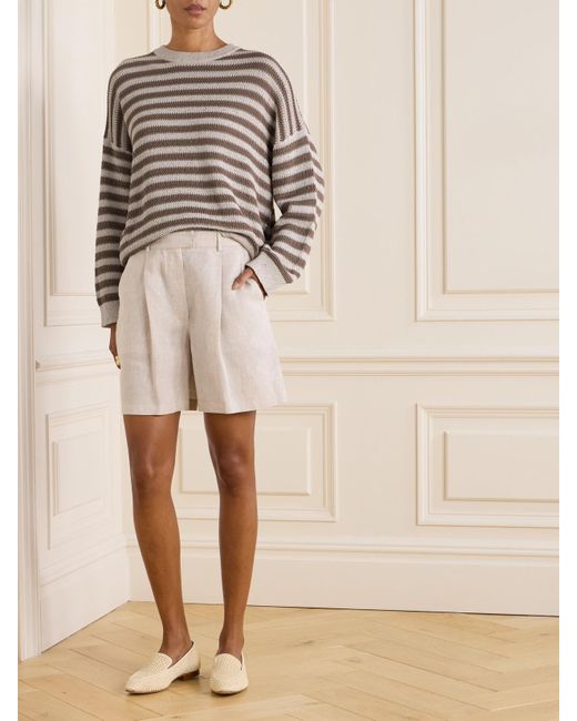 Brunello Cucinelli Gray Pullover Aus Einer Gestreiften Baumwollmischung Mit Pailletten