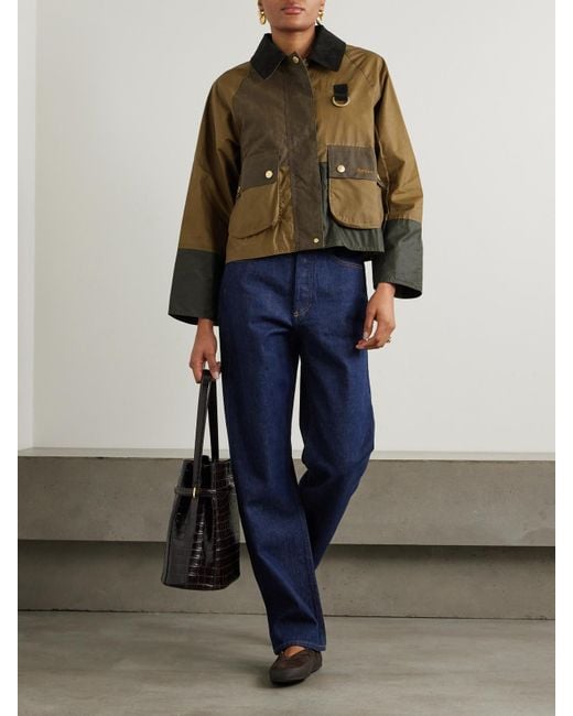 Barbour Green Alma Cropped Corduroy-Trimmed Patchwork Waxed-Cotton Jacket