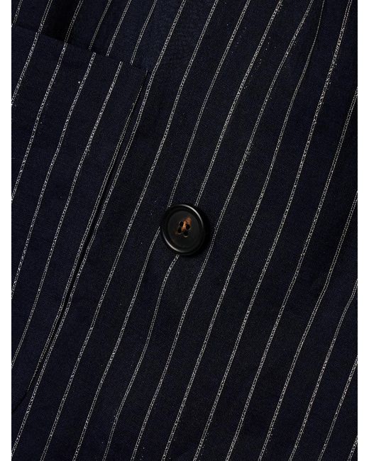 Brunello Cucinelli Blue Double-Breasted Belted Metallic Pinstriped Cotton-Blend Blazer