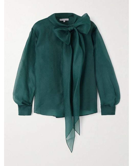Carolina Herrera Green Pussy-Bow Silk-Organza Blouse