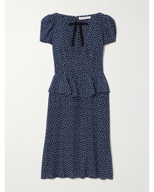Alessandra Rich Blue Bow-Detailed Ruffled Polka-Dot Silk Midi Dress