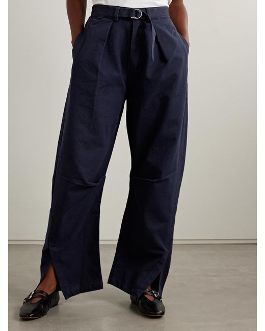 Sea Blue Carolyn Belted Pleated Cotton-Canvas Barrel-Leg Pants