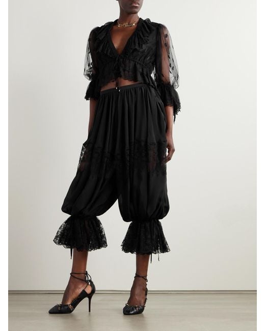 Chloé Black Cropped Ruffled Embroidered Mesh Blouse