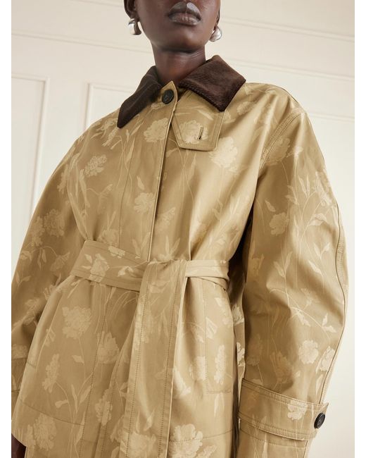 Erdem Natural Belted Corduroy-Trimmed Floral-Jacquard Cotton Jacket