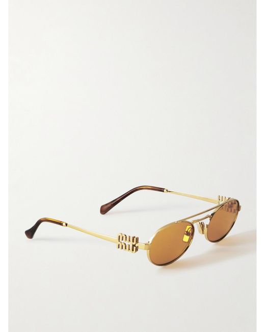 Miu Miu Natural Goldfarbene Sonnenbrille Mit Ovalem Rahmen