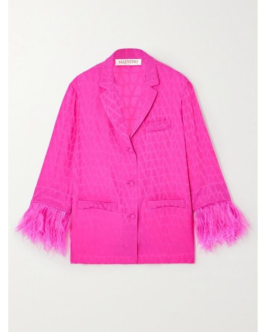 Valentino Garavani Pink Feather-Trimmed Silk-Jacquard Shirt