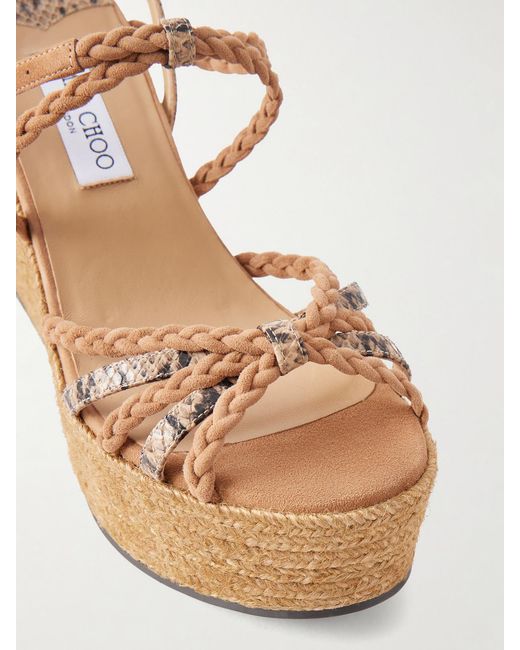 Jimmy Choo Natural Nyra 100 Braided Snake-Effect Leather And Suede Wedge Sandals