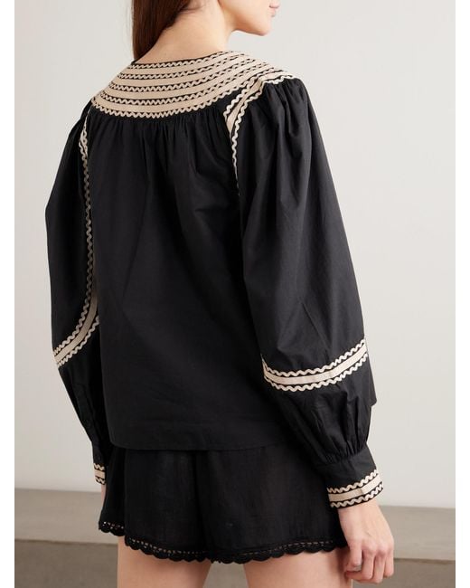 Ulla Johnson Black Laurenza Ricrac And Grosgrain-Trimmed Cotton-Poplin Blouse
