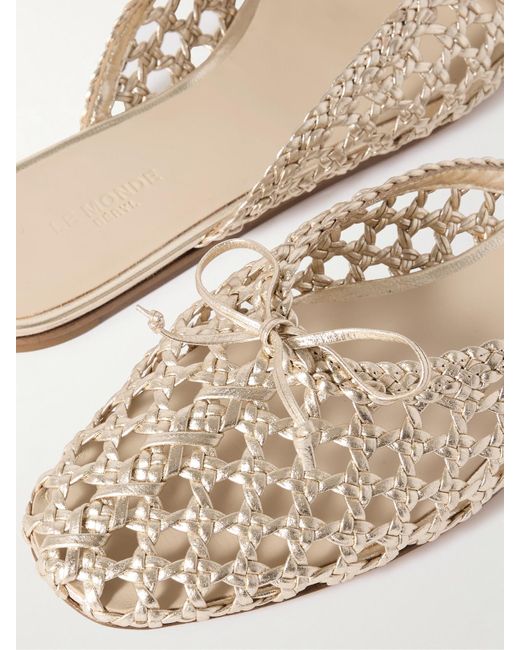 Le Monde Beryl Natural Regency Bow-Embellished Woven Metallic Leather Slides