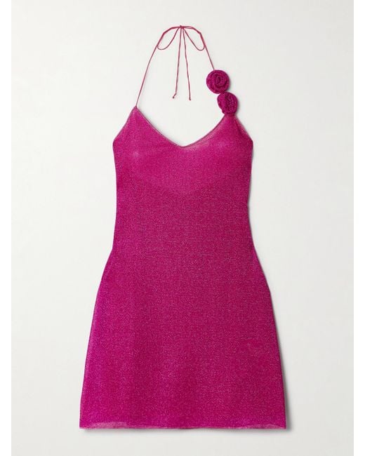 Oseree Pink Lumière Appliquéd Metallic Stretch-Knit Halterneck Mini Dress
