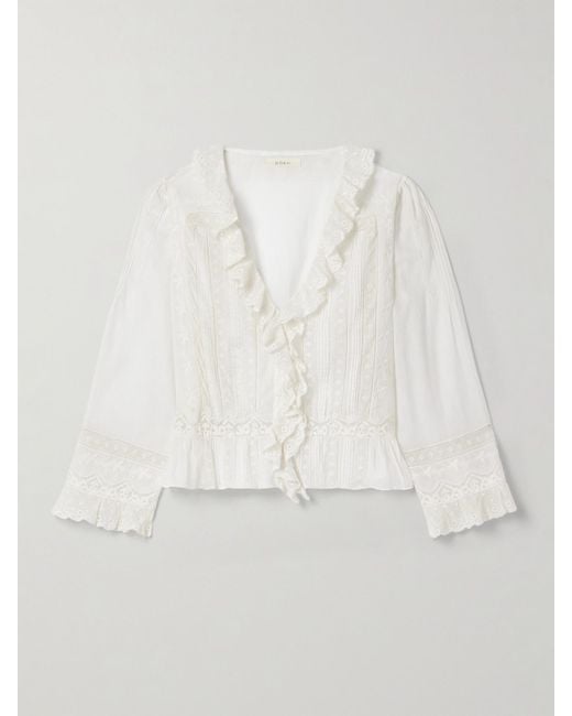 Doen White Eldoris Lace-Trimmed Pintucked Organic Cotton-Voile Blouse