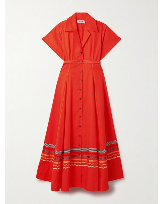 Christopher John Rogers Red Belted Ric Rac And Grosgrain-Trimmed Cotton-Twill Maxi Shirt Dress
