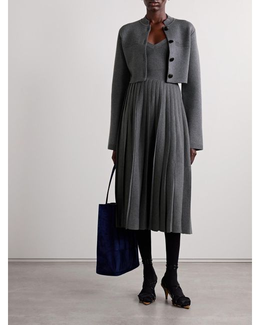 Khaite Gray Elio Pleated Pointelle-Trimmed Wool-Blend Midi Dress