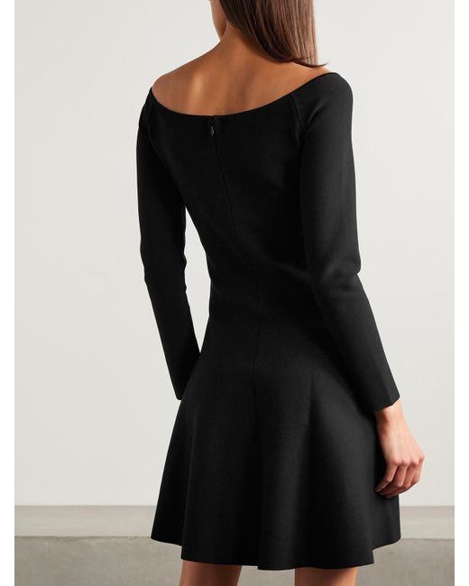 Oscar de la Renta Black Off-The-Shoulder Embellished Appliquéd Stretch-Jersey Mini Dress