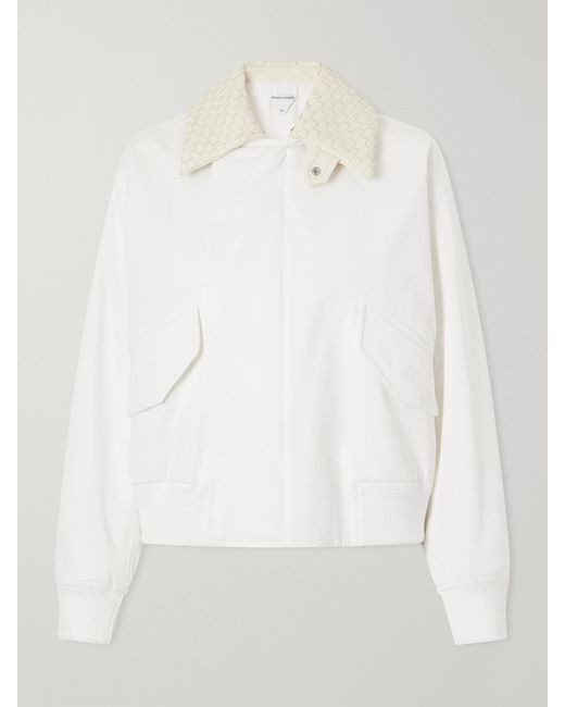 Bottega Veneta White Intrecciato Leather-Trimmed Cotton Jacket