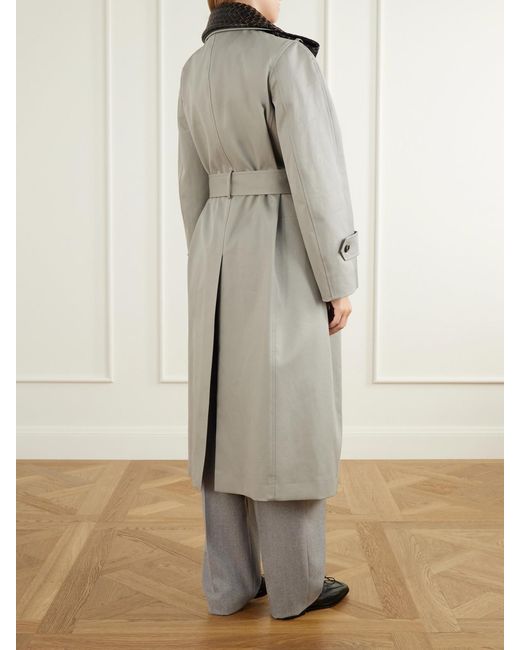 Bottega Veneta Gray Belted Intrecciato Leather-Trimmed Cotton-Gabardine Coat
