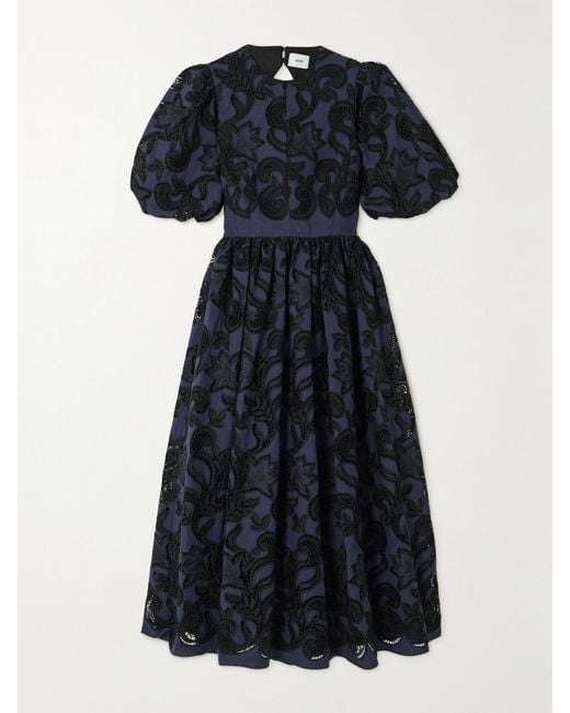 Erdem Blue Open-Back Pleated Broderie Anglaise Voile Midi Dress