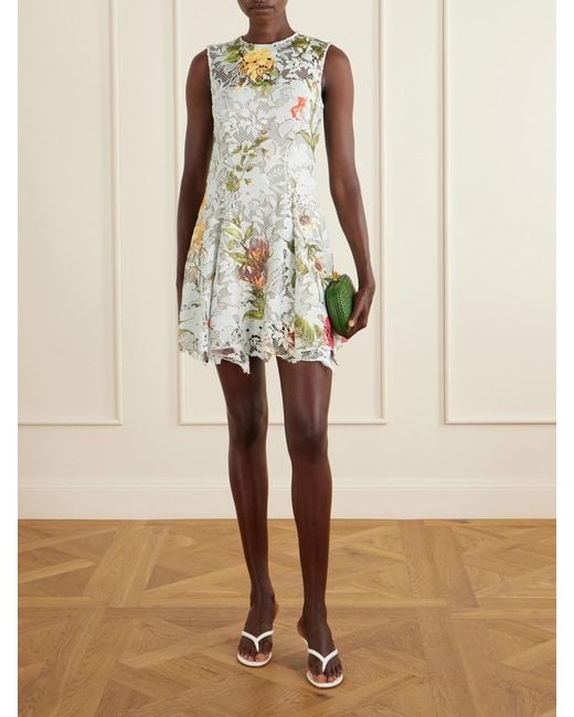 Oscar de la Renta White Floral-Print Lace Mini Dress