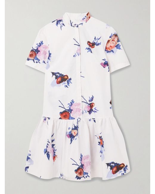 Erdem Gray Tiered Floral-Print Cotton-Poplin Mini Shirt Dress