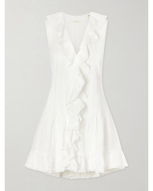Doen White Henrietta Ruffled Embroidered Ramie Mini Dress