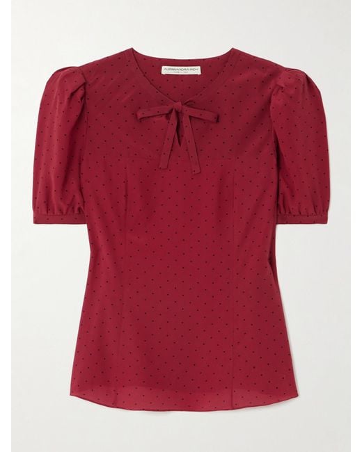 Alessandra Rich Red Bow-Detailed Polka-Dot Silk-Crepe Blouse