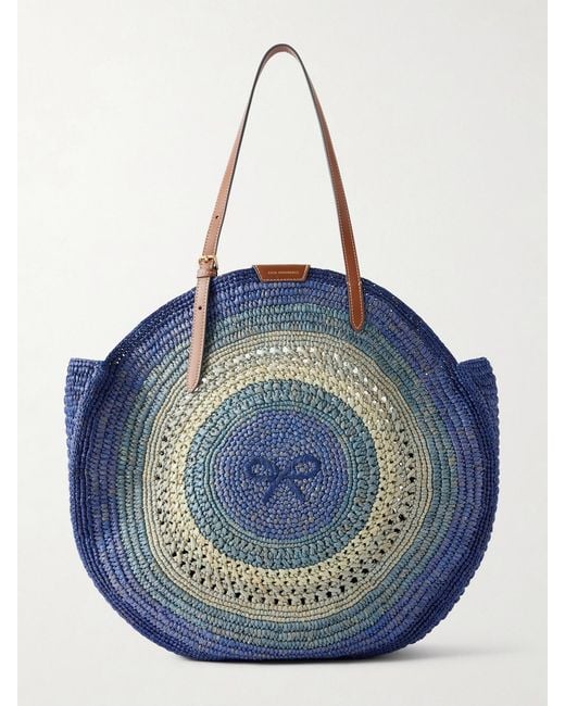 Anya Hindmarch Blue Bow Leather-Trimmed Embroidered Raffia Tote