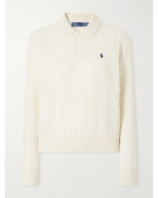 Polo Ralph Lauren Natural Cable-Knit Wool And Cashmere-Blend Polo Sweater