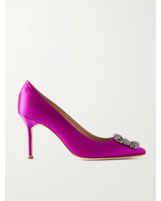 Manolo Blahnik Pink Hangisi 90 Crystal-Embellished Satin Pumps