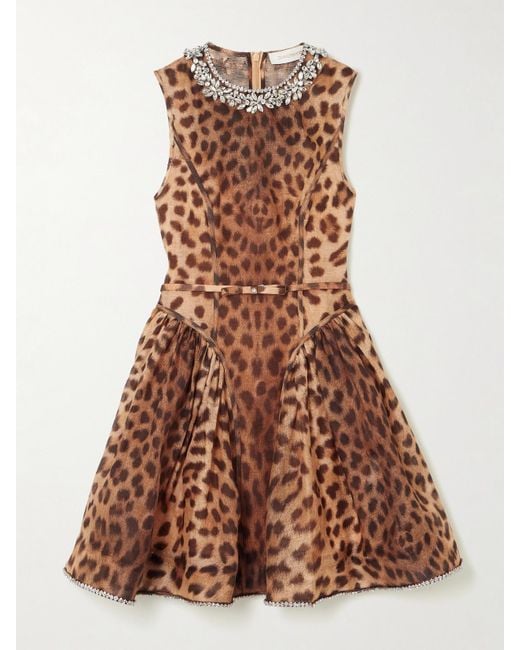 Zimmermann Brown Crush Minikleid Aus Einer Leinen-Seidenmischung Mit Leopardenprint Und Kristallen