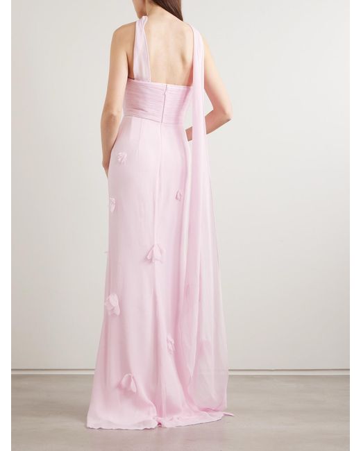 Self-Portrait Pink Scarf-Detailed Strapless Appliquéd Georgette Gown