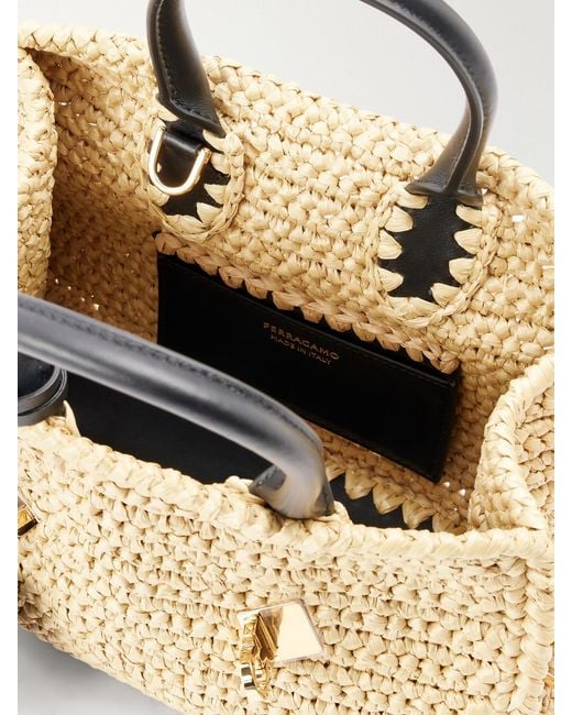 Ferragamo Metallic Hug Leather-Trimmed Raffia Mini Shoulder Bag
