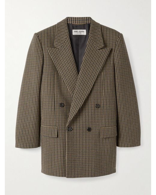 Saint Laurent Green Double-Breasted Checked Wool-Blend Blazer