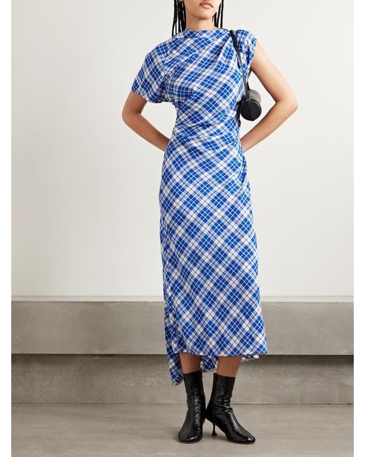Proenza Schouler Blue Hallie Ruched Checked Twill Midi Dress