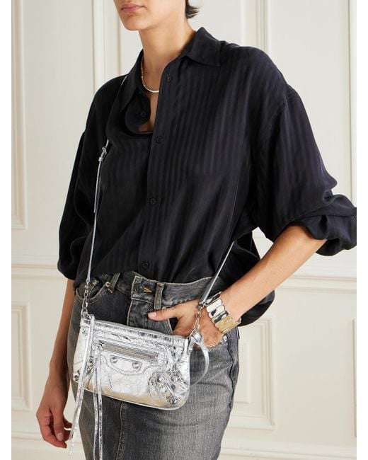 Balenciaga White Le City Mini Metallic Crinkled-Leather Shoulder Bag
