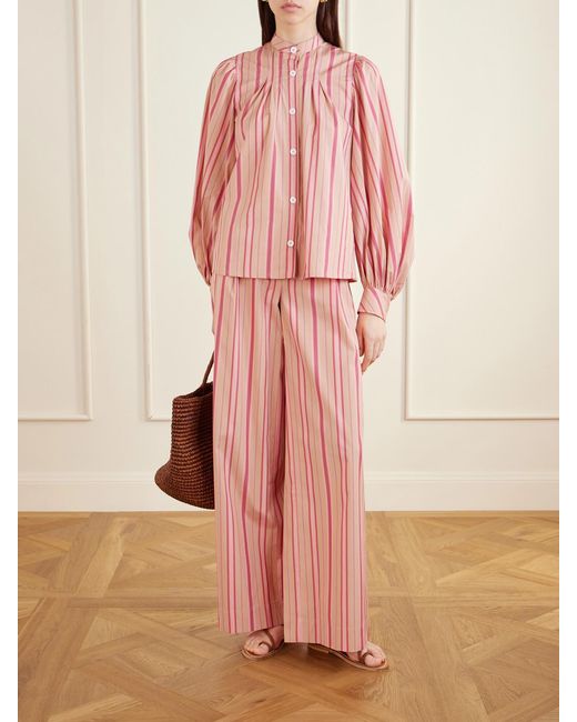 Thierry Colson Pink Loulou Pleated Striped Cotton-Poplin Wide-Leg Pants