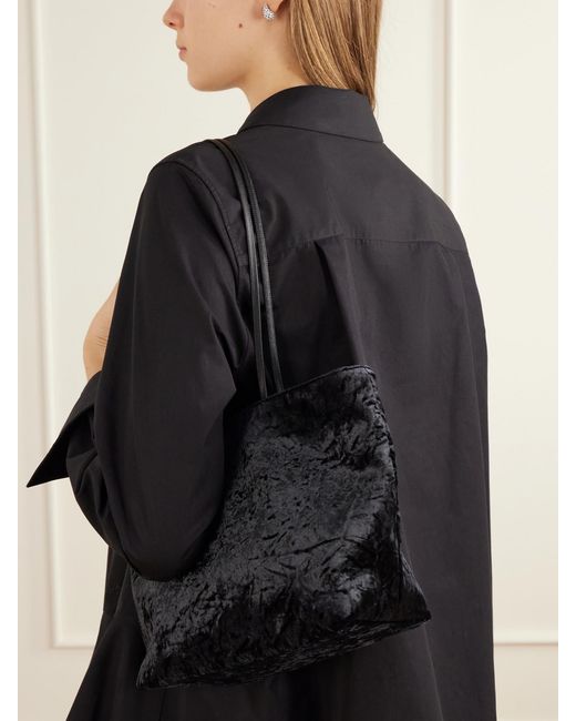 Valesque Black Spaghetti Leather-Trimmed Crushed-Velvet Shoulder Bag