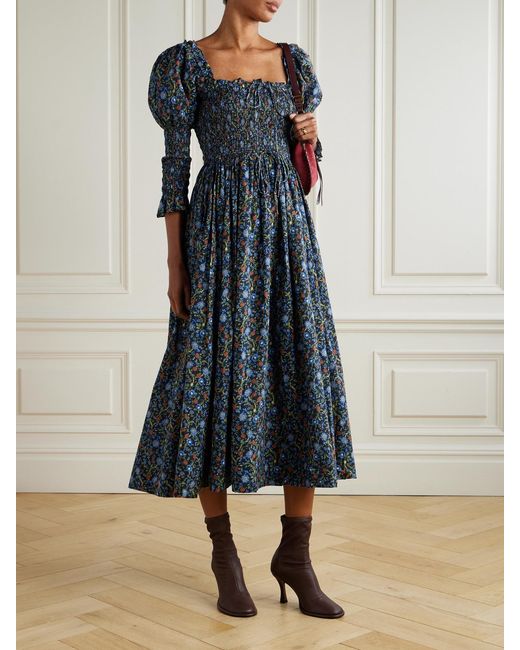 Doen Blue Bijou Midikleid Aus Biobaumwoll-Voile Mit Blumenprint Und Raffungen