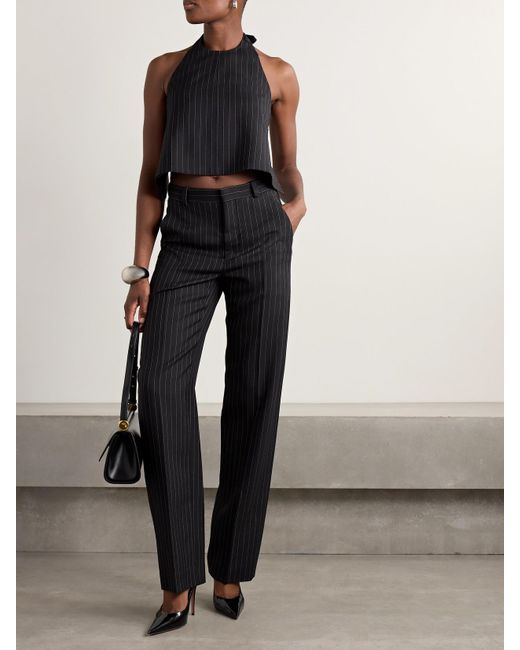 Wardrobe NYC Black Open-Back Pinstriped Wool-Twill Halterneck Tank