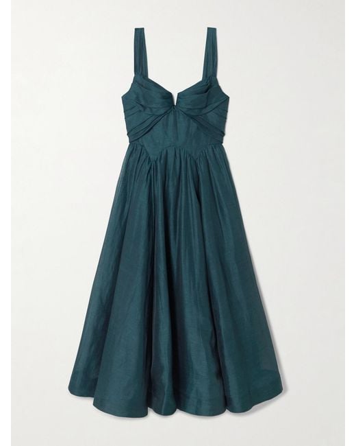 Zimmermann Blue Rebellion Linen And Silk-Blend Bustier Midi Dress