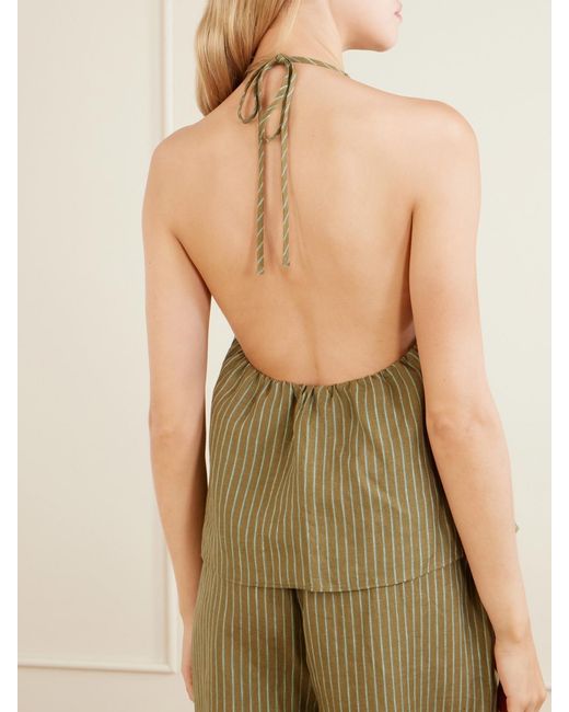 Staud Green Corso Striped Linen Halterneck Top