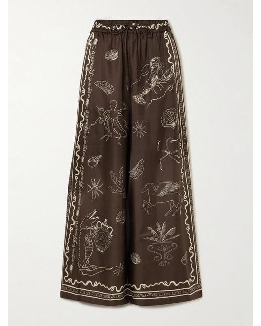 ALÉMAIS Brown Sam Pauletto Sammy Printed Silk-Twill Wide-Leg Pants