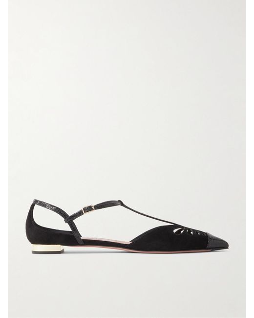 Aquazzura Black Camille Patent Snake-Effect Leather-Trimmed Cutout Suede Point-Toe Flats